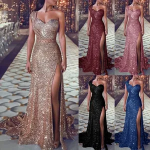Elegant one-shoulder sequin long evening dress with high slit shown in various colors