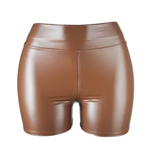 Stylish high-waisted brown faux leather shorts for women with a glossy finish for clubwear.