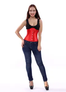 Vollansicht eines sexy roten Satin-Wespentaille-Korsetts mit schwarzen Spitzen-Trägern