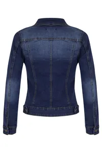 Detailed back view of a slim fit stretch denim jacket with contrast stitching in dark blue