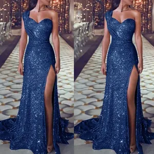 Elegant one-shoulder blue sequined evening gown with high slit and floor-length hem