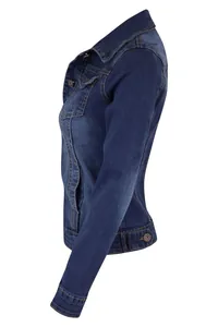 Professional side profile view of a slim fit dark blue stretch denim jacket for women