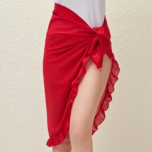 Gonna pareo da spiaggia rossa con volant ed elegante dettaglio nodo laterale donna