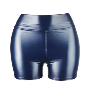 Sexy high-waisted navy blue shiny PU leather hot pants for nightclub and dance wear