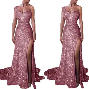 Elegant rose gold sequin evening gown with single shoulder and high side slit detail