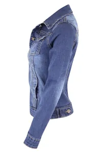 Side profile of a slim fit short blue denim jacket with contrast stitching