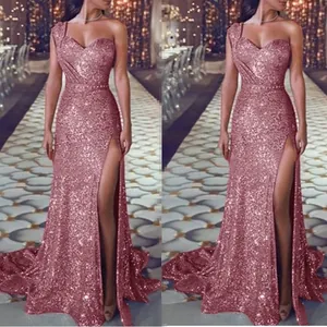 Elegant pink sequin one-shoulder evening gown with high leg slit and train detail