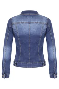 Back detail view of a classic blue slim fit cropped denim jacket with contrast stitching