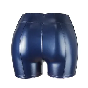 Rear view of sleek navy blue PU leather sexy hot pants featuring vertical seam detailing