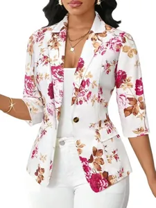 Elegante blazer met bloemenprint voor dames, driekwart mouwen, stijlvolle slim fit jas
