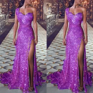 Elegant purple one-shoulder sequin evening gown with a high side slit and long train.