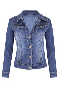 Front view detail of a slim-fit blue denim jacket with button-down chest pockets