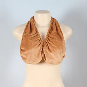 Frontal view of a brown plush towel bra halter style displayed on a female mannequin