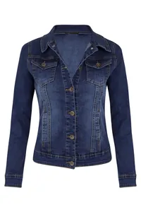 Detailed close-up showing the slim-fit design and metal buttons of this navy denim jacket