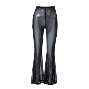 Sexy black sheer mesh flare pants with silver glitter accents for evening clubwear style