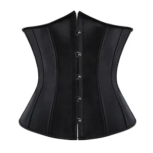 Detailansicht eines schwarzen Satin-Korsetts für Damen mit Metallverschluss vorne.