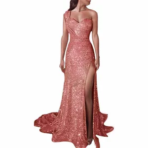 Elegant rose gold one-shoulder sequin evening gown with high slit and train