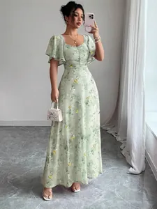 Women Floral Butterfly Print Flutter Sleeve Maxi Dress Polyester Smocked V Neck Ruffle Hem Slim Fit Summer Elegant Chiffon Gown