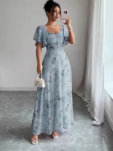 Elegant blue floral maxi dress with flutter sleeves and flattering slim fit for summer