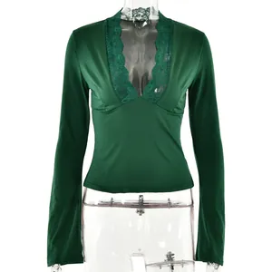 Sexy green long sleeve top with delicate lace-trimmed V-neck detail
