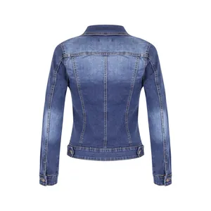 Classic blue slim-fit denim jacket for women with washed finish and back view