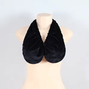 Front view of soft black towel halter bra displayed on a mannequin for home leisure