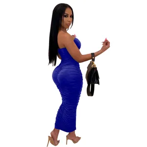 Detailed side view of a blue ruched strapless bodycon dress with high stretch fabric