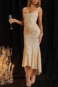 Sophisticated beige lace sleeveless mermaid dress with an irregular hem for evening parties