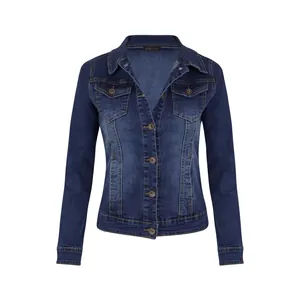 Slim fit dark blue stretch denim jacket with button-up front and chest pockets.
