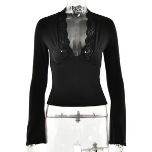 Sexy women's black V-neck lace patchwork long sleeve top slim fit elegant shirt