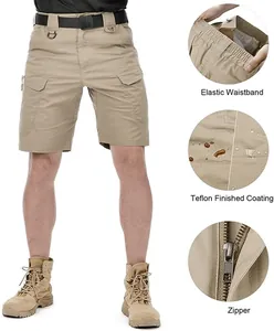 Vue détaillée du short tactique kaki montrant la taille, le revêtement et la fermeture éclair