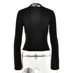 Back view of black long sleeve top with delicate lace trim on the collar for women.
