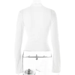 Detailed back view of a slim-fit white long-sleeved top with elegant lace collar