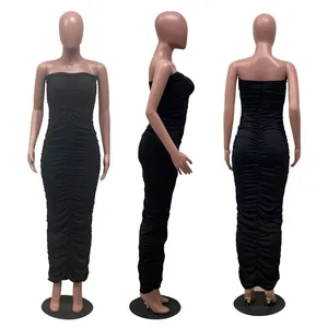 Detailed front, side and back view of black ruched strapless bodycon maxi dress
