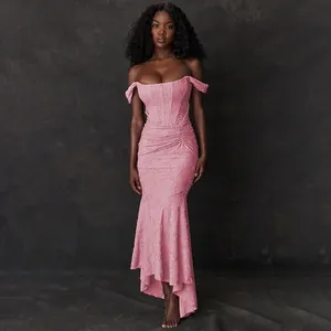 Elegant pink lace off-shoulder mermaid dress with irregular hem for formal events