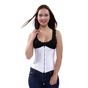 Eleganter weißer Satin-Korsett mit schwarzem Spitzenbesatz und Hakenverschluss vorne für Damen