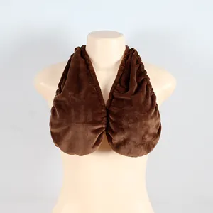Soft brown plush towel bra with halter neck wrap design displayed on a mannequin torso