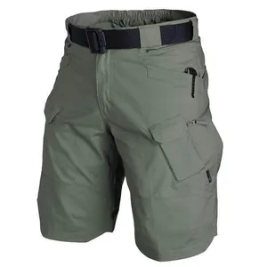 Short cargo tactique vert olive avec ceinture et poches fonctionnelles vue détaillée