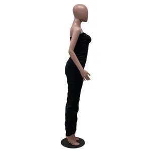 Elegant black ruched strapless bodycon maxi dress with high elasticity and sleek fit