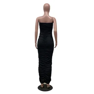 Detailed back view of a sophisticated black ruched strapless bodycon tube maxi dress.
