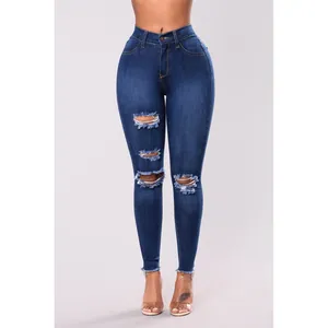Vaqueros pitillo rotos de cintura alta para mujer en denim azul oscuro con flecos