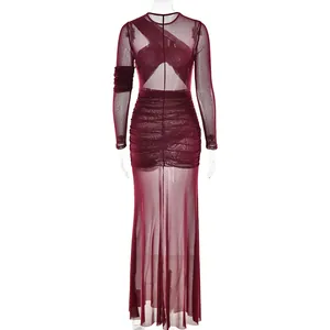 Back view of elegant burgundy sheer mesh maxi dress with ruched waist and long sleeves