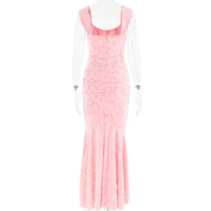 Elegant pink lace sleeveless mermaid dress back view with ruched details and zipper