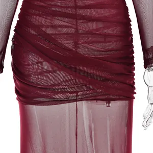 Close-up detail of burgundy mesh fabric with elegant pleated texture and ruching design