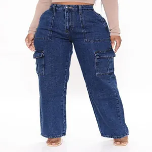 Detailansicht der Damen-Cargohose mit hoher Taille, dunkelblaue weite Jeans