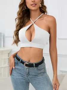 Top Corto Sexy para Mujer con Cuello Halter Cruzado y Recortes Color Sólido Ajustado con Espalda al Aire Estilo Spice Girl