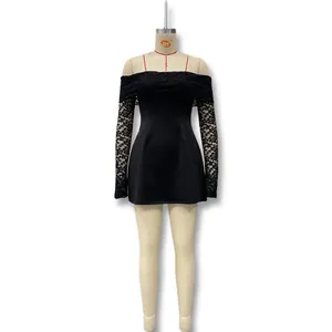 Elegant black off-shoulder mini dress featuring intricate floral lace long sleeves