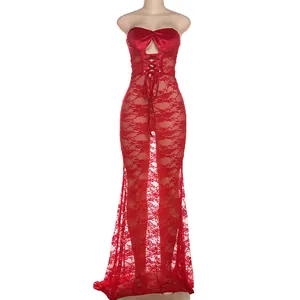 Elegant red lace-up cut-out maxi dress with strapless sheer mesh design for women