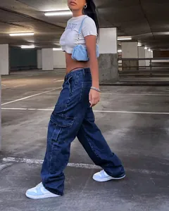 Streetwear-Damenjeans mit hoher Taille, weitem Bein und mehreren Taschen in Cargo-Optik