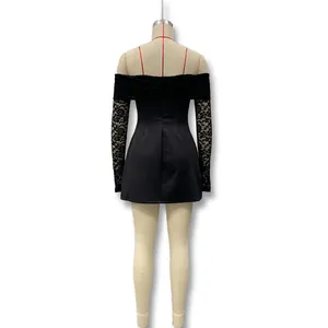 Detailed back view of an elegant black off-the-shoulder dress with floral lace sleeves